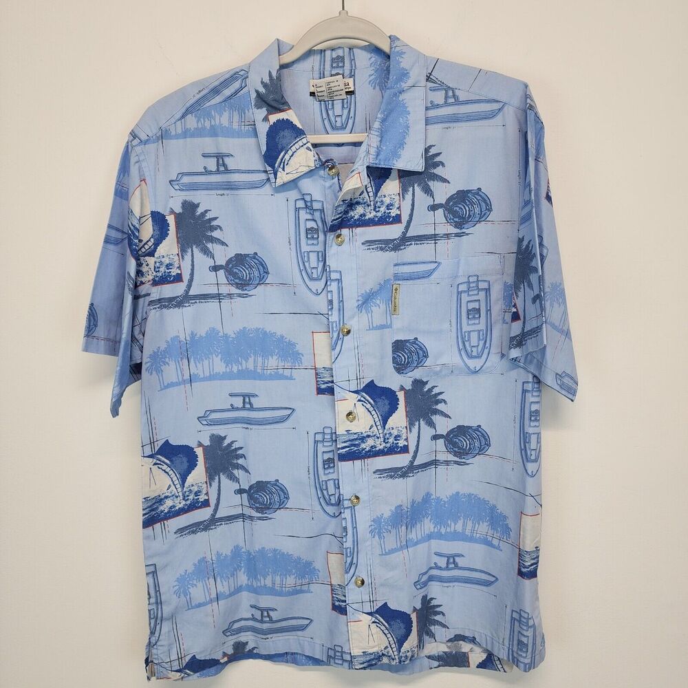 Columbia Mens All Over Print Fish Marlin Shirt Size L Blue Button Up Palm Cotton